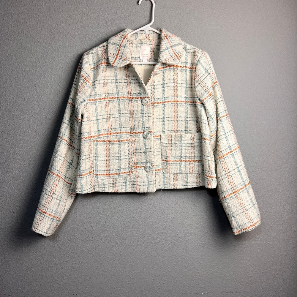 LC Lauren‎ Conrad Womens Large Plaid Tweed Cropped Jacket Cream Teal Orange L